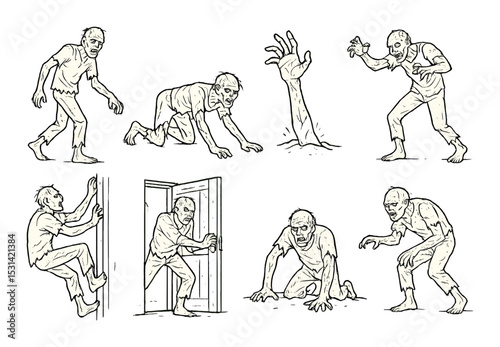 Zombie set. horror silhouette icons: undead, hand, crawling, door, attack, grave vector icons.