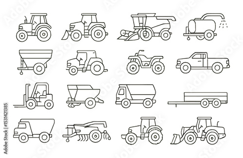 Farm vehicle set. agricultural machinery linear tractor, harvester, truck vector icons.