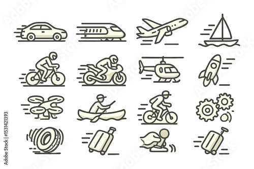 Transportation set. travel linear icons: car, train, airplane, boat, bike, luggage vector icons.