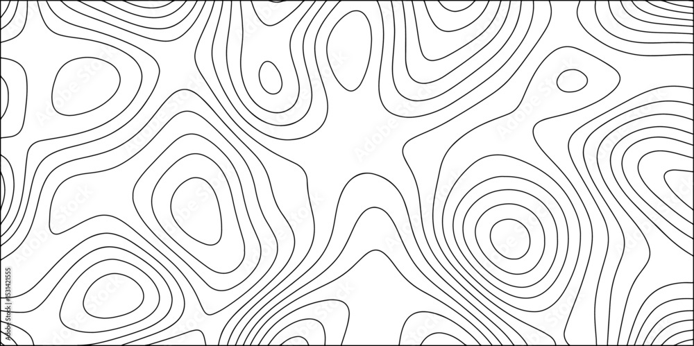Abstract black and white contour line pattern resembling topographic or elevation map lines. Fluid, smooth curves vary in density and thickness, forming nested oval and circular structures. 