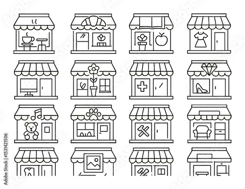 Shopfront set. retail store linear shops. cafe, florist, bakery, pharmacy, boutique vector icons.