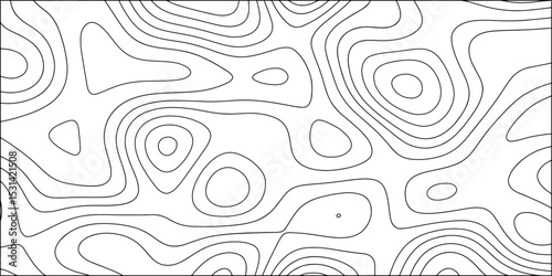 Abstract black and white contour line pattern resembling topographic or elevation map lines. Fluid, smooth curves vary in density and thickness, forming nested oval and circular structures. 