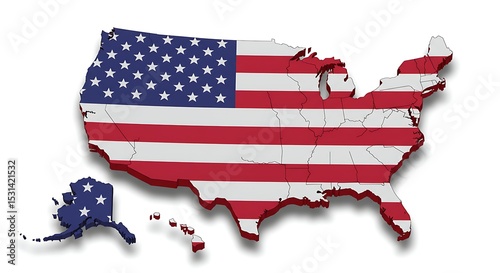 United States Map Detailed 3D Rendering of American Flag and States