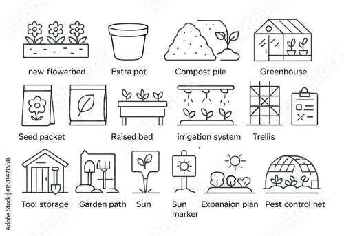Garden elements set: silhouette icons for flowerbed, pot, compost, greenhouse, tools