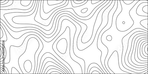 Abstract black and white contour line pattern resembling topographic or elevation map lines. Fluid, smooth curves vary in density and thickness, forming nested oval and circular structures. 