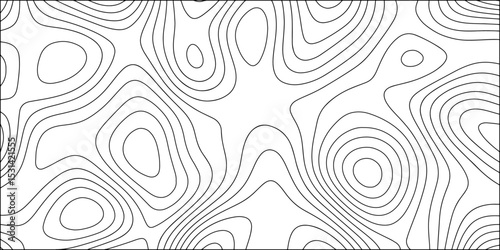 Abstract black and white contour line pattern resembling topographic or elevation map lines. Fluid, smooth curves vary in density and thickness, forming nested oval and circular structures. 