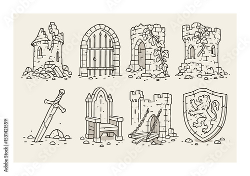 Medieval castle set. ancient ruins, sword, gate, throne, shield silhouette vector icons.