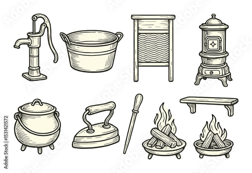 Antique tool set. vintage household silhouette icons. pump, bucket, stove, iron vector icons.