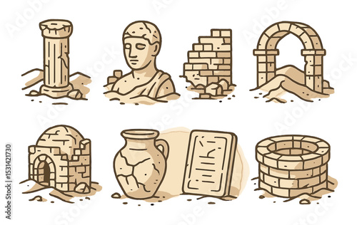 Ancient ruins set. historical monuments flat icons. column, bust, pot, arch, well vector icons