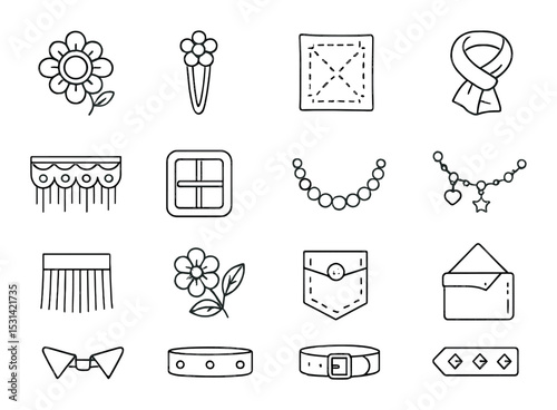 Jewelry and accessories icon set. linear brooch, necklace, belt, bow, flower vector icons.