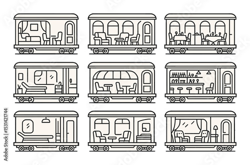 Train carriage set. linear train cars, dining, lounge, luxury, sleeper vector icons