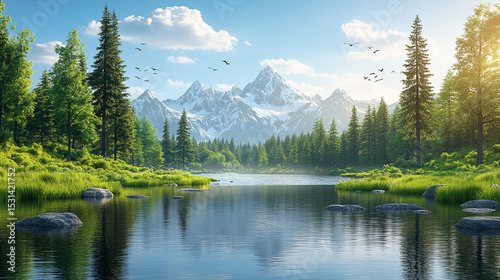 Mountain lake reflection with birds, forest, sunny sky