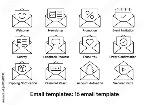 Email template set. flat envelopes with icons: welcome, newsletter, invitation vector icons.