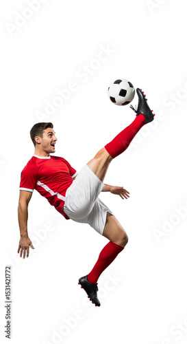 Dynamic Soccer Player Performing a High Kick in Vibrant Red and White Uniform with Dramatic Expression