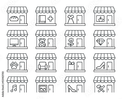 Storefront set. retail shop linear icons: bakery, pharmacy, fashion, jewelry. vector icons