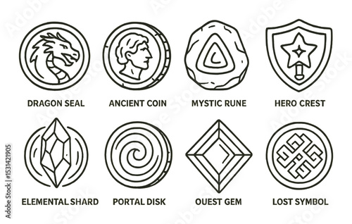 Fantasy token set: mythical emblems silhouette. dragon, coin, rune, crest, symbol vector icons