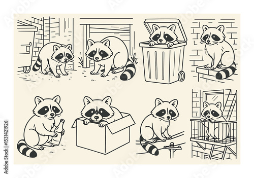 Raccoon set. urban wildlife linear raccoons. trash, alley, curious, playful vector icons.