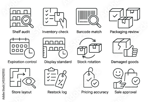 Inventory management set. audit, barcode, packaging, stock control linear vector icons