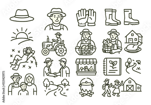 Farmer icon set. agriculture and farming linear icons: hat, gloves, tractor, barn, family vector icons.