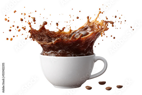 Coffee splash in white mug isolated on transparent background