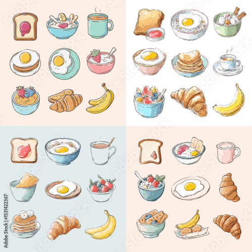 Charming sketch-style illustrations of breakfast food including eggs, toast, croissants, fruit bowls, bananas, coffee, and tea in soft pastel tones.

