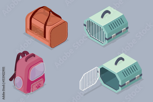 Pet carrier collection. Care, visit to the veterinary clinic, traveling with pets.  3d flat isometric vector illustration.