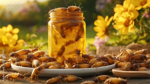 Jar of insects on a table surrounded by more insects