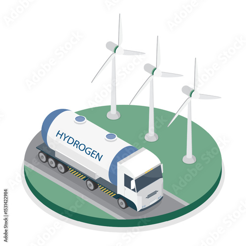 Hydrogen truck on road. Transport H2 Hydrogen fuel to gas stations. Clean hydrogen energy for renewable fuel, alternative sustainable energy. 3d flat isometric vector illustration. Eps 10.