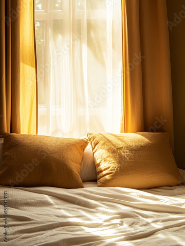 Cozy bedroom scene featuring neatly made bed with soft, golden pillows and warm curtains that filter sunlight, creating tranquil atmosphere