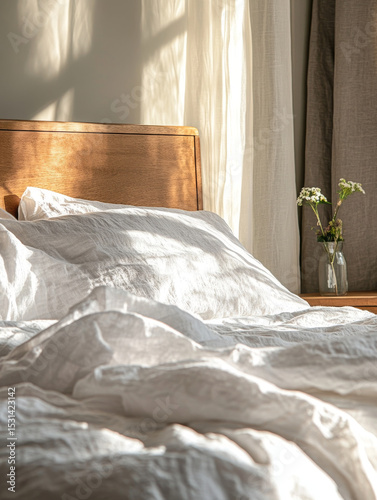 Serene bedroom scene featuring freshly made bed with soft, white linens, bathed warm sunlight. wooden headboard complements tranquil atmosphere, while small vase with flowers adds touch of nature