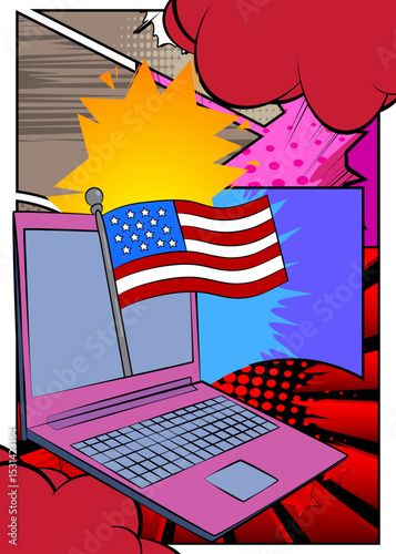 Cartoon Laptop, comic book Notebook with American Flag. Retro vector comics pop art design.