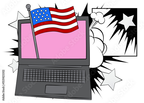 Cartoon Laptop, comic book Notebook with American Flag. Retro vector comics pop art design.