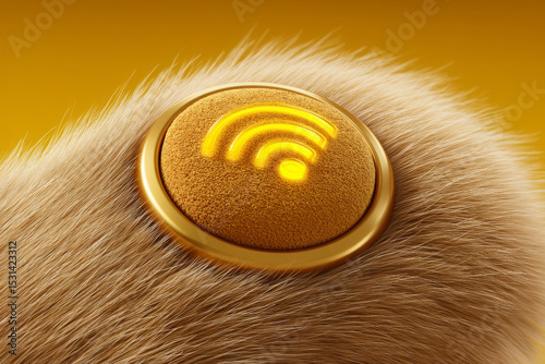 Creative illustration of paw featuring golden button with Wi Fi symbol, set against vibrant yellow background. soft fur texture adds playful touch to design, evoking sense of warmth and innovation