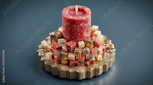 Beautifully crafted candle sits atop intricate golden base, surrounded by decorative elements. rich red color of candle contrasts elegantly with golden accents, creating warm and inviting
