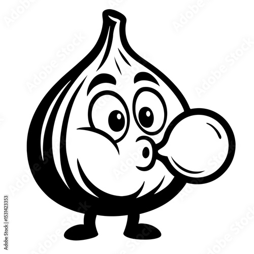 Whimsical Black and White Garlic Character Blowing a Bubble Vector