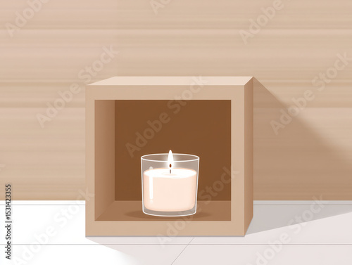 Serene candle placed inside minimalist wooden shelf, radiating warm glow. soft light creates calming atmosphere, perfect for relaxation and ambiance