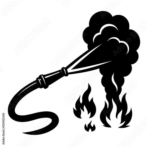 Dynamic Black and White Fire Hose Extinguishing Flames and Smoke Vector