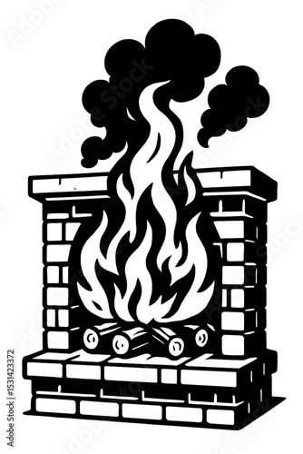 Classic Black and White Brick Fireplace with Roaring Fire and Smoke Vector