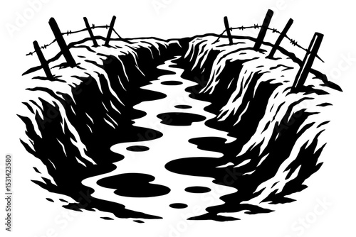 Dark World War I Style Trench with Barbed Wire Vector Illustration