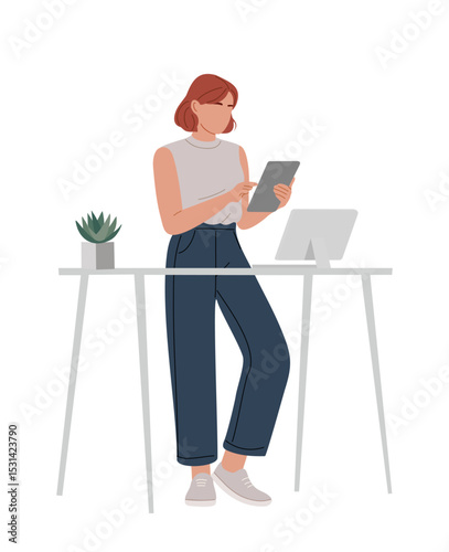 Vector illustration of a businesswoman in summer smart casual outfit standing at an ergonomic adjustable desk with a laptop, holding a tablet. Modern office concept, isolated on white