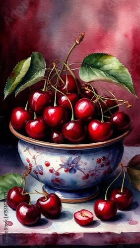 Watercolor Still Life of Deep Red Cherries in Floral Porcelain Bowl with Realistic Texture