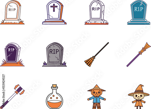 Cartoon Halloween elements showing gravestones, potion, broom, hammer and two scarecrows for spooky fun