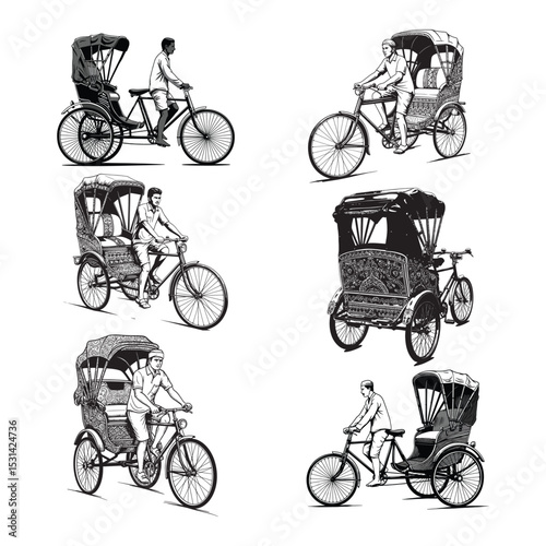 Traditional Cycle Rickshaw of South Asia Vintage Sketch Illustration Set