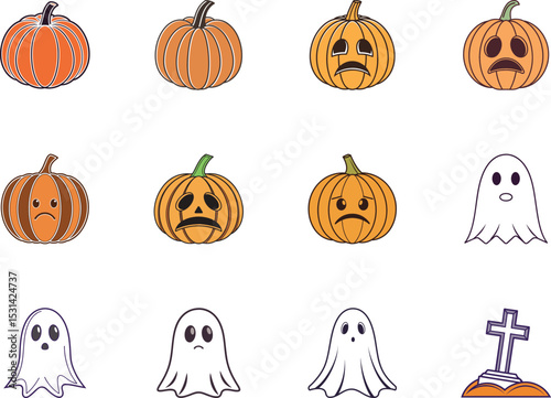 Twelve Halloween themed icons present pumpkins, ghosts, and a tombstone against white space