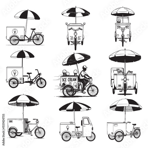 Vintage Ice Cream Cart and Bicycle Vendor Sketch Illustration Set