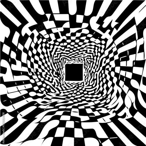 Twisted square vortex illusion, black and white vector  background