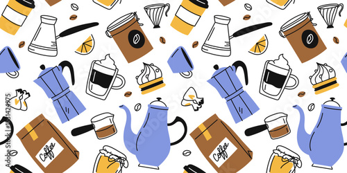 Seamless continuous doodle pattern coffee, drink, dessert. Hand drawn linear vector color isolated illustration