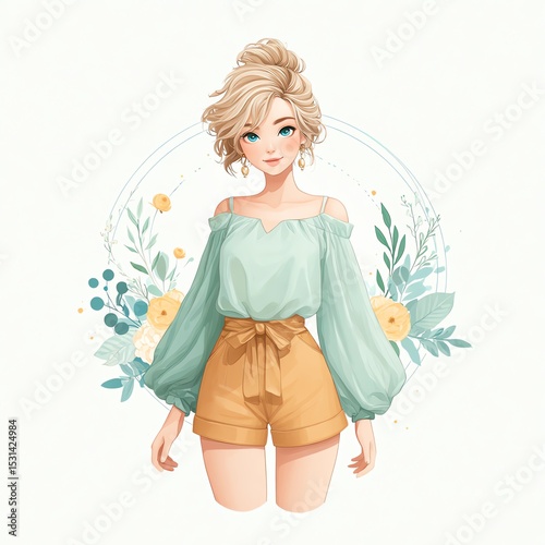 Stylish young woman with a floral backdrop and trendy outfit.