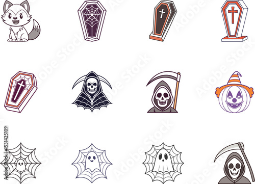 Spooky Halloween cartoon icons feature wolf, grim reapers, coffins, pumpkin and ghostly spiders isolated