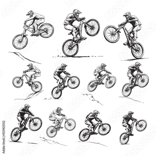 Downhill Mountain Biking Stunts Sketch Illustration Set